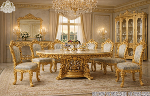 Meubles de salle à manger classiques inspirés du style baroque, finition or royal, table et chaises en bois pour 8 personnes, Sydney - Product Image 3