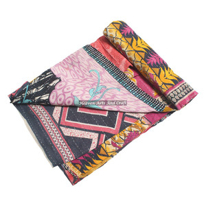 Old Reversible Kantha Handmade Stitch <b>Quilts</b> Indian Reversible Hand Stitched Heavy <b>Throw</b> Old Sari Blanket Patch Work Heavy - Product Image 2