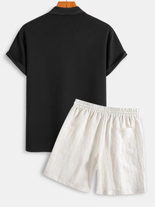 Men's Black Polo Shirt And White Shorts Set Breathable Knitted Casual Summer Sportswear - Product Image 3