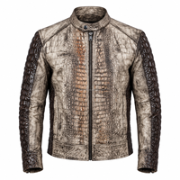 Veste en cuir de crocodile pour homme MH, style motard, col montant, fermeture éclair, coupe ajustée, pour l'automne