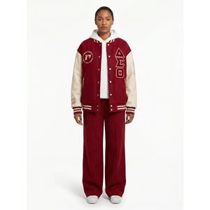 Chaqueta Varsity de Lana Melton Gruesa con Logotipo Bordado Personalizado, Fabricación OEM, Mangas de Cuero Sintético para Mujer, Talla Grande, HBCU - Product Image 1