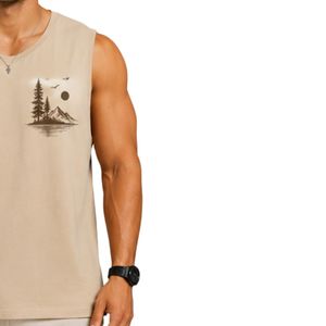 Beige Men Sleeveless Tank Top Nature Mountain Print Design Casual Summer Vest Gym Fitness Workout Muscle Shirt Cotton <b>Athletic</b> - Product Image 3