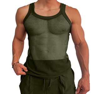 Men's <b>Black</b> Mesh Tank Top Round Neck Sleeveless Fitted Breathable Polyester Vest Summer Solid Color Adult Style - Product Image 4