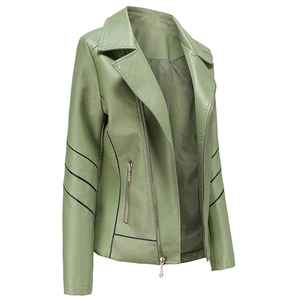Green PU Leather Moto Jacket With Turn-<b>down</b> Collar Full Sleeve Zipper Closure Women's Autumn Style Outerwear New Coming Hot Sale - Product Image 5