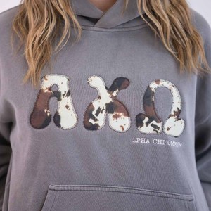Custom Sorority Women's <b>Cow</b> <b>Print</b> Applique Embroidered Chi Printed Fleece Pullover <b>Hoodie</b> Front Casual Winter Autumn Greek - Product Image 2