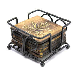 Wooden Square <b>Tea</b> <b>Coasters</b> with Iron Stand Holder Wooden Drink <b>Coasters</b> for Dining Table Whiskey Glass Rustic Beverag - Product Image 1