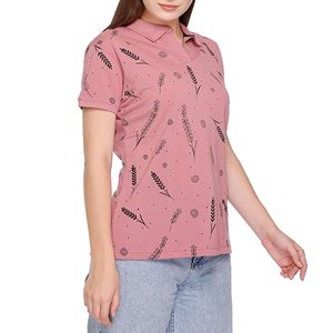 เสื้อโปโลผู้หญิงสีชมพูพิมพ์ลายแขนสั้นลำลองผ้าทอลายทั่วไปความยาวปกติ - Product Image 4
