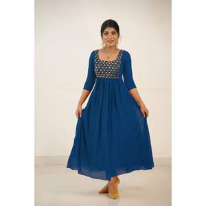 DISEÑADOR GEORGETTE BORDADO SECUENCIA BATA DE TRABAJO CON DUPATTA AZUL - Product Image 1