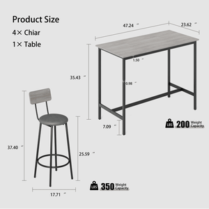 Grey PU Soft Seat <b>Bar</b> <b>Table</b> Set with 4 Backrest <b>Bar</b> <b>Stools</b> 47.24 L X 23.62 W X 35.43 H - Product Image 6