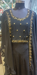 Robe noire en georgette pour l'Aïd al-Fitr, brodée, tenue formelle traditionnelle musulmane, avec châle à volants, longueur cheville, Salwar Kameez de fête - Product Image 2