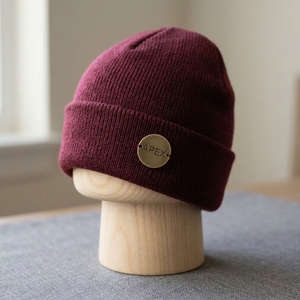 Men's Burgundy Beanie Hat Knit Cuffed <b>Winter</b> <b>Cap</b> Metal Badge Streetwear Unisex Custom Logo Wholesale Fashion - Product Image 2