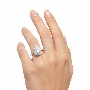 Bague de fiançailles en or blanc pur 14 carats avec diamant de laboratoire taille poire et double halo, style alliance éternelle, ensemble de mariage - Product Image 3