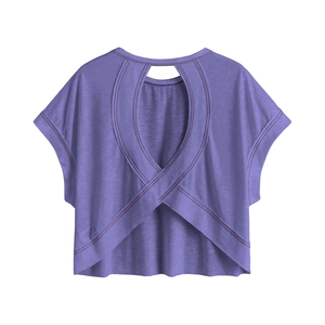 Top Corto de Mujer Azul Claro de Color Sólido con Manga Casquillo, Espalda Cruzada Asimétrica, Tejido Transpirable y Ajuste Holgado para Primavera Verano - Product Image 4