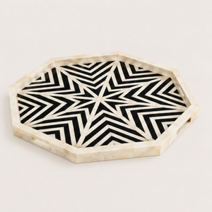 Luxury Handcrafted Bone Inlay Tray Octagonal Black and White Chevron Star Pattern Decorative Serving Platter for Wholesale <b>Home</b> - Product Image 5