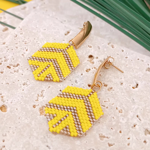 Handmade Beaded <b>Earrings</b> Yellow Gold Tone Geometric Pattern Fashion Statement Jewelry - Product Image 1