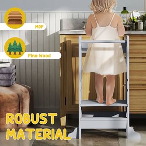 Torre per Bambini Regolabile Grigia con Ringhiera di Sicurezza e Maniglia, Set di Mobili per Bambini per Bagno o Cucina - Product Image 6