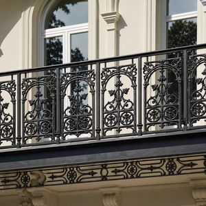 Classic Black Wrought Iron Balcony <b>Railing</b> with Arched Floral Panels for Villa Exterior Window Terrace Guardrail - Product Image 2