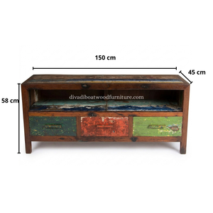 Sustainable Reclaimed Boat Wood TV <b>Cabinet</b> 3 Drawer Inside Model With Wood Handle Solid Wood <b>Rustic</b> Recycled Timber For Stand TV - Product Image 2