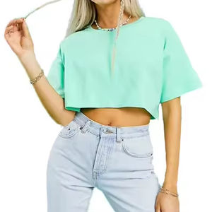 T-shirt décontracté pour femme, vert menthe, coupe courte, manches courtes, col rond, coupe ample, en jersey tricoté, printemps-été - Product Image 1