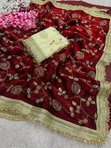 Sari de satén de seda Fandy con cuentas y lentejuelas para novias y fiestas, y blusa de satén de seda Fandy con cuentas y lentejuelas. - Product Image 3