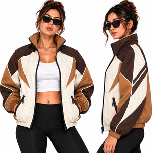<b>women</b> brown color block windbreaker jacket wholesale retro streetwear zip up track top lightweight casual running jackets <b>coat</b> - Product Image 1