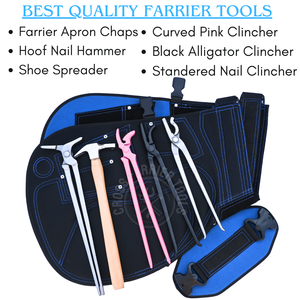 Kit de herramientas para herrador con delantal de cuero, separador de pezuñas, clincher curvo rosa, clincher tipo caimán y martillo de accionamiento - Product Image 2
