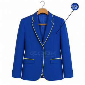 Blazer bleu roi Cosh International Sorority Sisterhood avec bordure jaune, simple boutonnage, col cranté, costume professionnel de bureau - Product Image 1