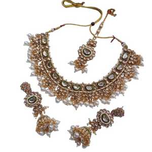 Premium quality dual tone Emerald Green Doublet Stones Uncut Moissanite Polki Kundan Wedding Jewelry Necklace <b>Set</b> inspired - Product Image 1