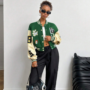 Green Cream Varsity Jacket Women Full Sleeve Letter Print Turn-down Collar Single Breasted Autumn Wear - Product Image 4