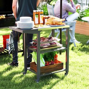 Three Shelf Outdoor Stainless Steel Top Grill Cart <b>Table</b> Foldable <b>Side</b> <b>Silver</b> Pizza Oven Stand Hooks 3kg Capacity for Baking - Product Image 2