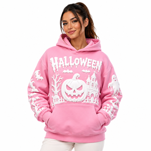 Sweat-shirt à capuche rose Halloween avec imprimé en relief Citrouille, Fantôme, Chauve-souris, en molleton de coton oversize, unisexe, décontracté, pour l'automne, OEM - Product Image 1
