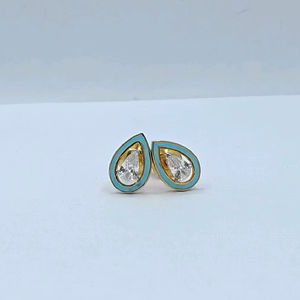 Elegant 22K Gold Teardrop Diamond <b>Stud</b> <b>Earrings</b> with <b>Blue</b> Enamel Border Stylish Minimal Jewellery for Women Daily Wear - Product Image 1
