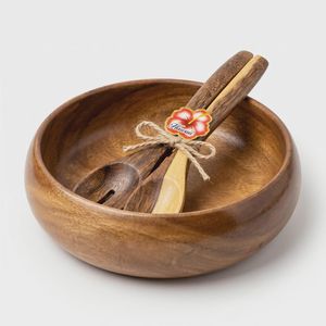 Ensemble de saladiers artisanaux en bois d'acacia hawaïen – Bol de service en bois de 10 pouces avec ustensiles – Cadeau de cuisine écologique - Product Image 3