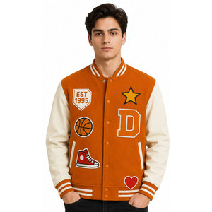 New Arrival Lettermen Jacket <b>Covered</b> <b>Button</b> Style Wool Fabric University Varsity Jacket Applique Regular Fit Turn-down Collar - Product Image 4