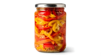 Pimientos en conserva mixtos (rojos y amarillos) en tarro de vinagre, sabor ácido, verduras en conserva, recipiente de vidrio para almacenamiento.