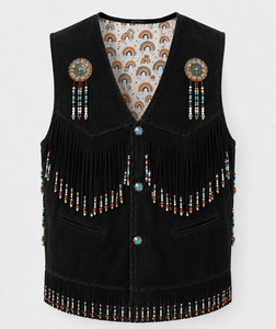 Gilet en daim noir pour homme, style western cowboy, à franges, dernier design, très tendance |   Fournisseur de vestes en cuir artisanales de qualité supérieure - Product Image 1