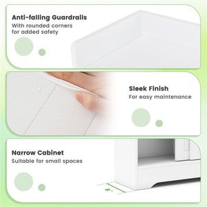 Mobiletto da Bagno Sottile Bianco con 2 Ante Scorrevoli, 2 Ripiani Regolabili, 61x20x80 cm, con Portarotolo e Portascopino - Product Image 5