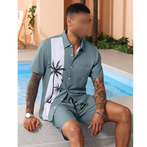 Ensemble de vêtements de plage personnalisés pour hommes hawaïens, chemise à boutons de haute qualité, short de bain, motif uni, polyester/coton, respirant, été - Product Image 4