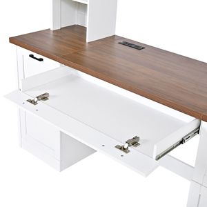 Farmhouse Arched Computer Desk with Hutch Mid Century Walnut Home <b>Office</b> <b>Workstation</b> Charging Station and Keyboard Tray - Product Image 5