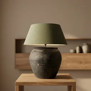 <b>Vintage</b> Chinese Jar Table <b>Lamp</b> – Rustic Ceramic Jug Base with Green Fabric <b>Shade</b> for Farmhouse Home Décor - Product Image 4