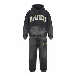 Conjunto de Sudadera con Capucha y Pantalones Deportivos Extra Grandes para Hombre, Color Negro Lavado, Algodón y Felpa, Ropa Deportiva Urbana, Venta al Por Mayor OEM - Product Image 5