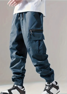 Pantalon cargo vert pour homme, taille élastique, plusieurs poches, fermeture à cordon, respirant, poids moyen, polyester, style décontracté urbain - Product Image 6