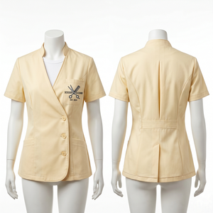 Chaqueta de Barbería para Mujer, 220 GSM, Sarga de Polialgodón, Diseño con Paneles en Contraste Crema, Logotipo Personalizado Bordado, Uniforme de Salón - Product Image 1