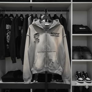 ผู้ผลิตเสื้อฮู้ดดี้และเสื้อสเวตเชิ้ตผู้ชาย งานปักโลโก้แบบกำหนดเอง ทรงหลวม ซิปหน้า สไตล์สตรีทแวร์ วัสดุคุณภาพดีที่สุด - Product Image 1