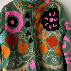 Bohemian Velvet Suzani <b>Jacket</b> Hand Embroidered Reversible <b>Bomber</b> Coat Floral Pattern <b>Vintage</b> Colorful Uzbek Winter Cotton Filled - Product Image 2