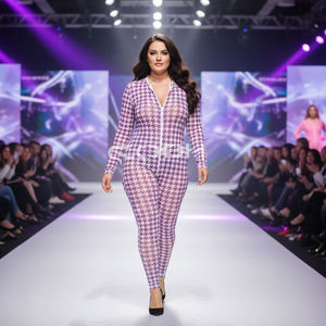 Mono enterizo ajustado de manga larga con cremallera frontal y estampado de pata de gallo morado para mujer al por mayor - Proveedor - Product Image 4