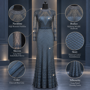 Sofisticado Vestido de Noche Gris Carbón con Cuello Redondo Alto |   Vestido Formal Largo Ajustado con Mangas Largas Transparentes y Adornos Metálicos - Product Image 5