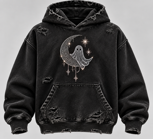 Sweat-shirt à capuche noir vieilli avec strass motif lune fantôme pour streetwear et Halloween - Product Image 1