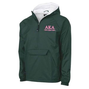 Dark Green Women's Hooded Windbreaker Pullover with <b>Pink</b> Embroidered Logo Lightweight Long Sleeve Casual Outdoor <b>Jacket</b> Wear - Product Image 3