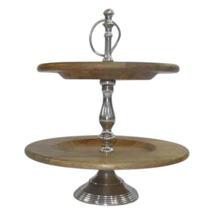 Support à gâteau artisanal à 2 niveaux en bois de manguier avec base élégante en aluminium plaqué argent, tour de présentation de cupcakes pour la décoration de fête d'anniversaire - Product Image 1